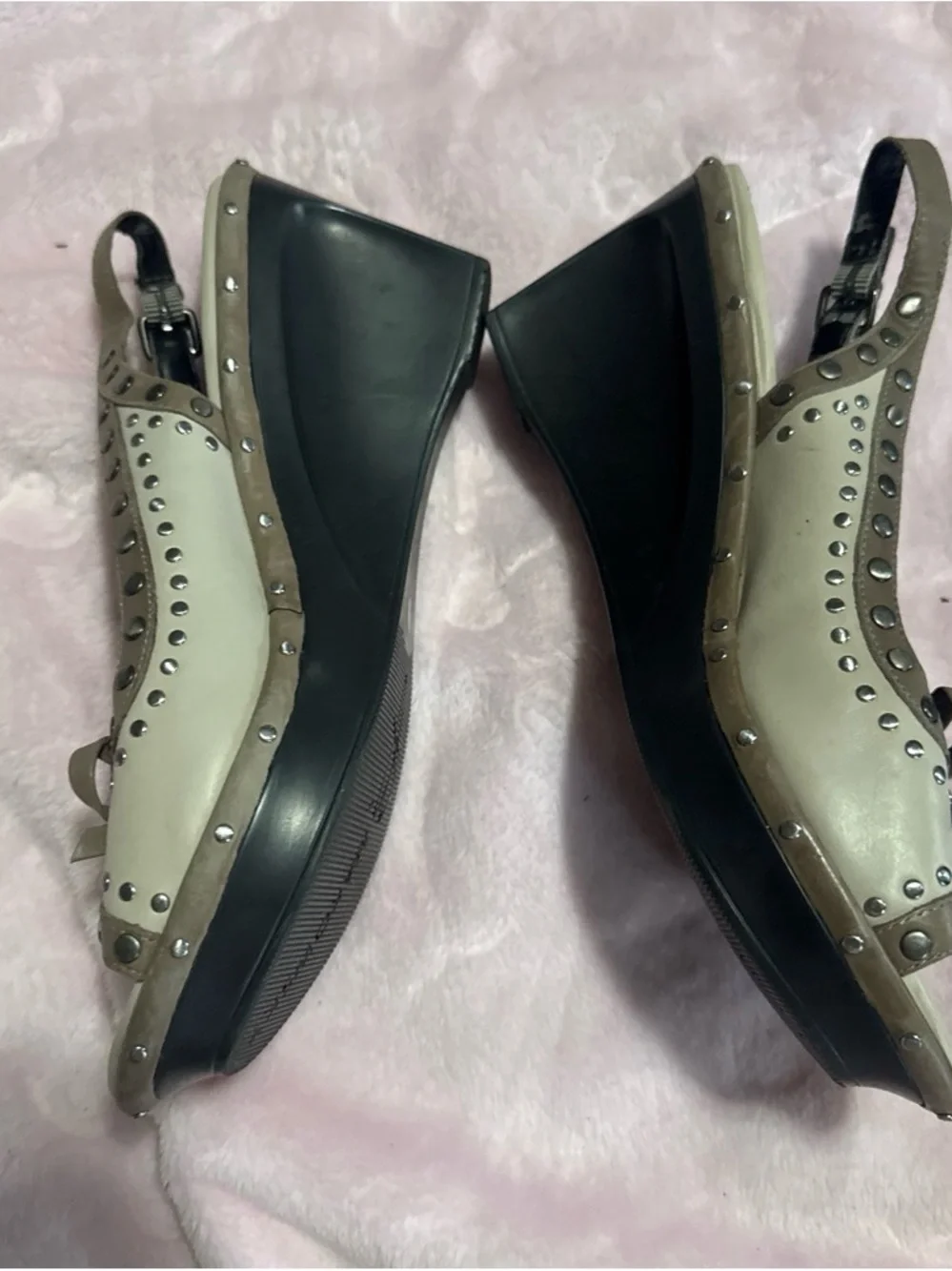 Women’s Taupe and Cream Studded Peep-Toe Slingback platforms